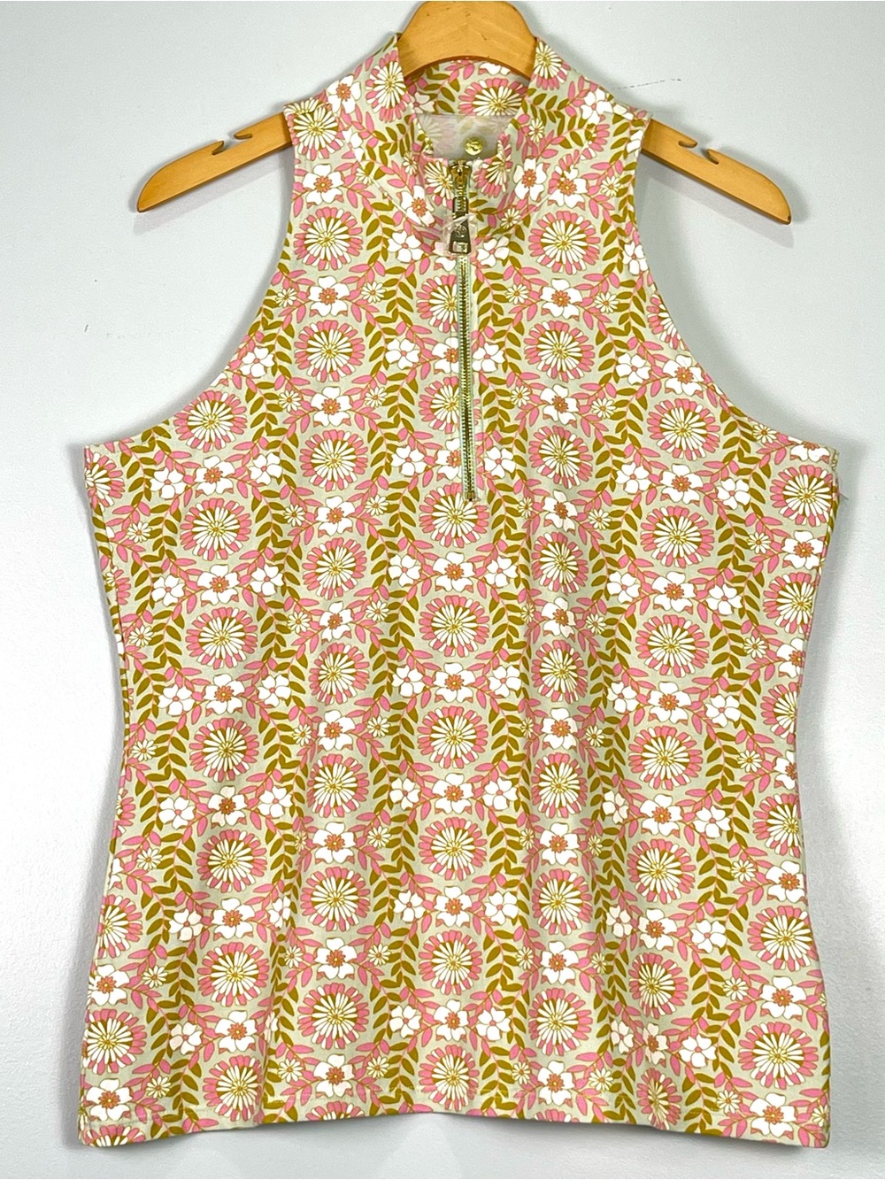 SPARTINA 449 Floral 1/4 Zip Tank Top Sage Green Pink Golf Tennis Size Medium